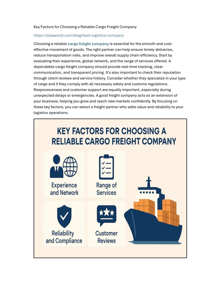 key factors for choosing a reliable cargo freight