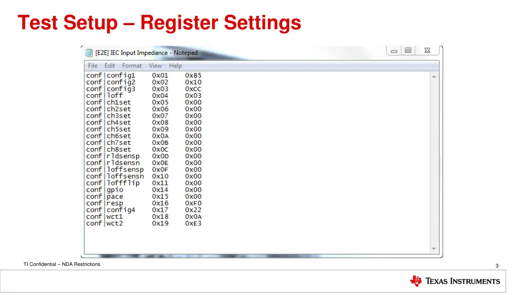 test setup register settings
