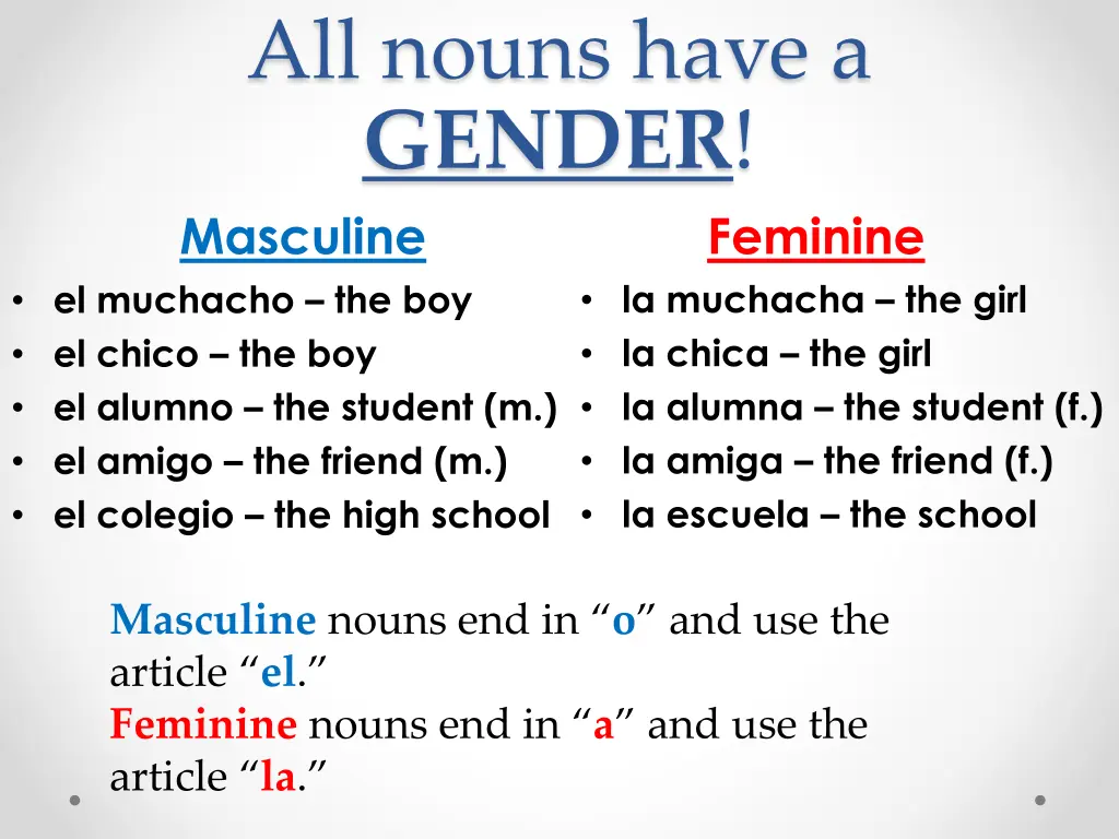 all nouns have a gender masculine el muchacho