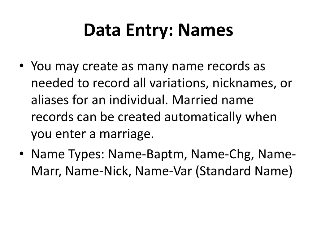 data entry names