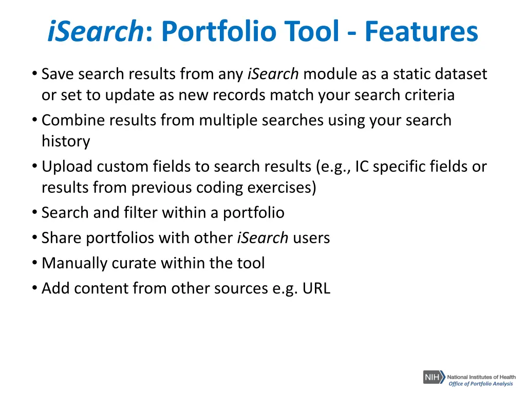 isearch portfolio tool features