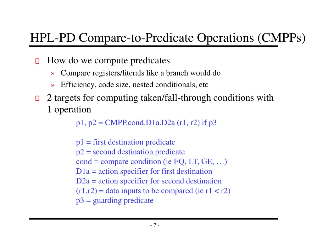hpl pd compare to predicate operations cmpps
