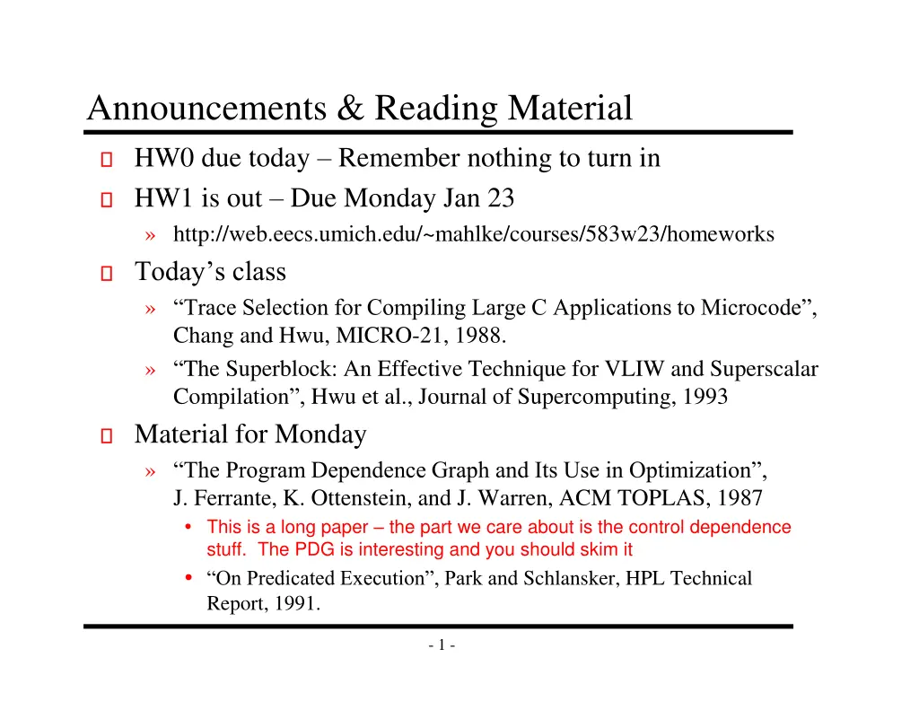 announcements reading material hw0 due today