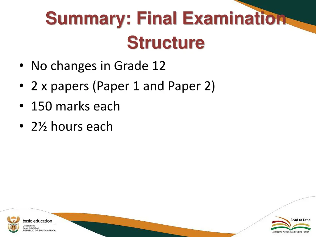 summary final examination structure no changes
