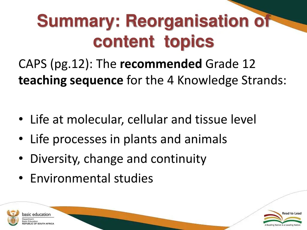 summary reorganisation of content topics caps