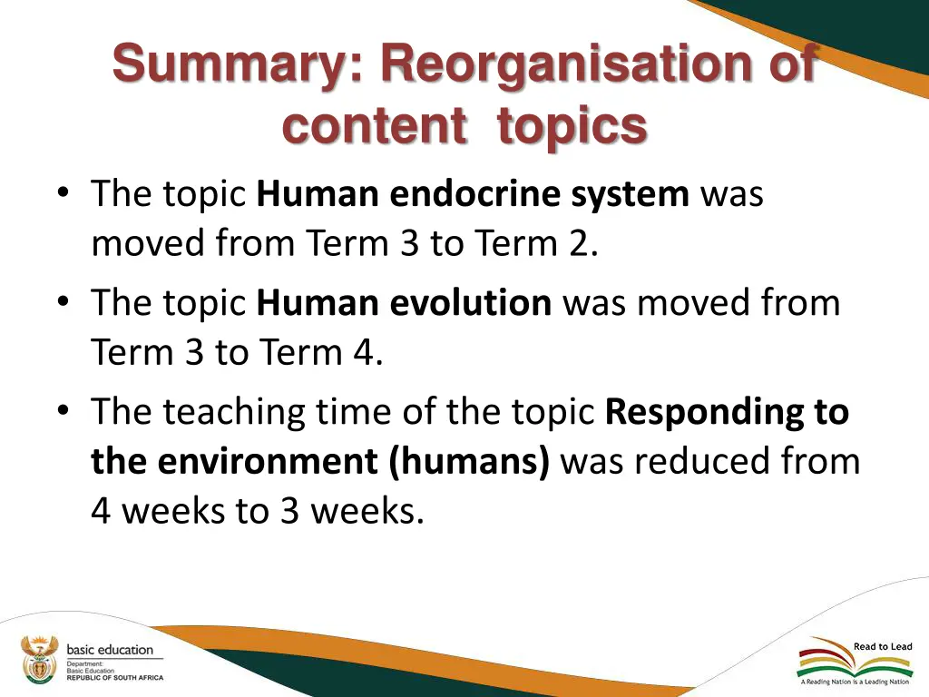 summary reorganisation of content topics