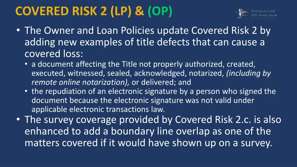 covered risk 2 lp op the owner and loan policies