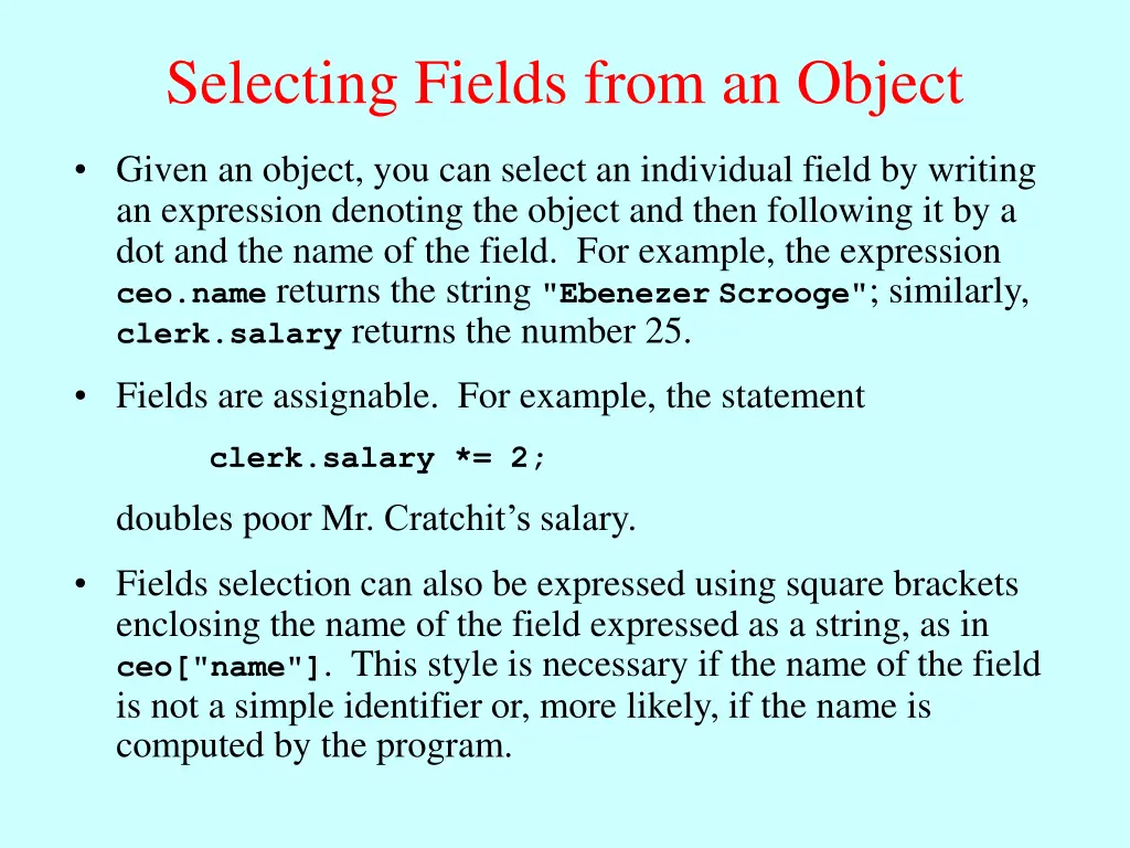 selecting fields from an object