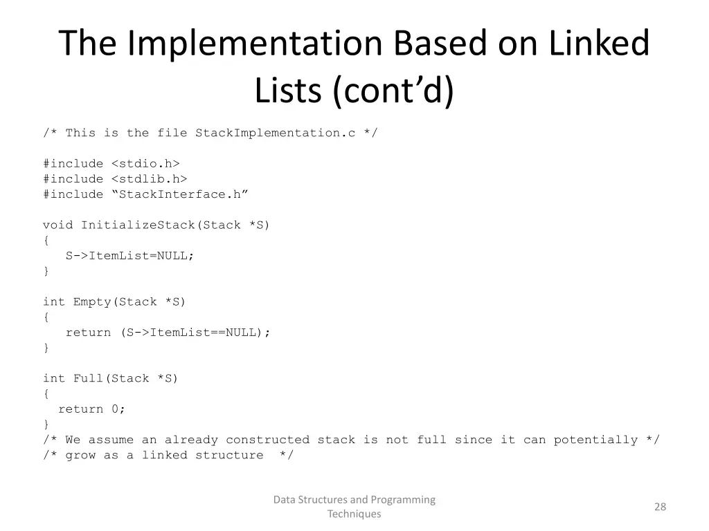 the implementation based on linked lists cont d