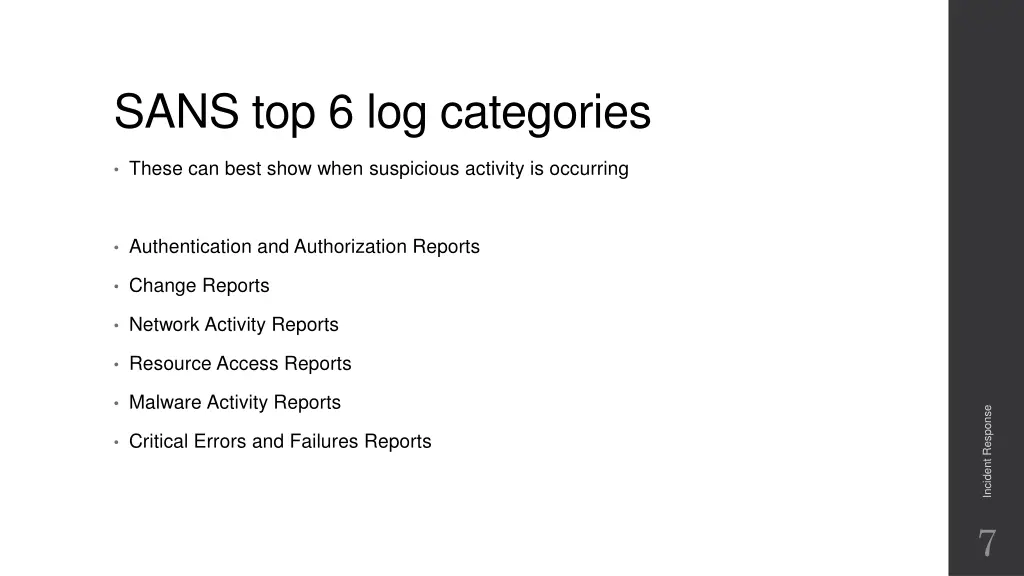 sans top 6 log categories