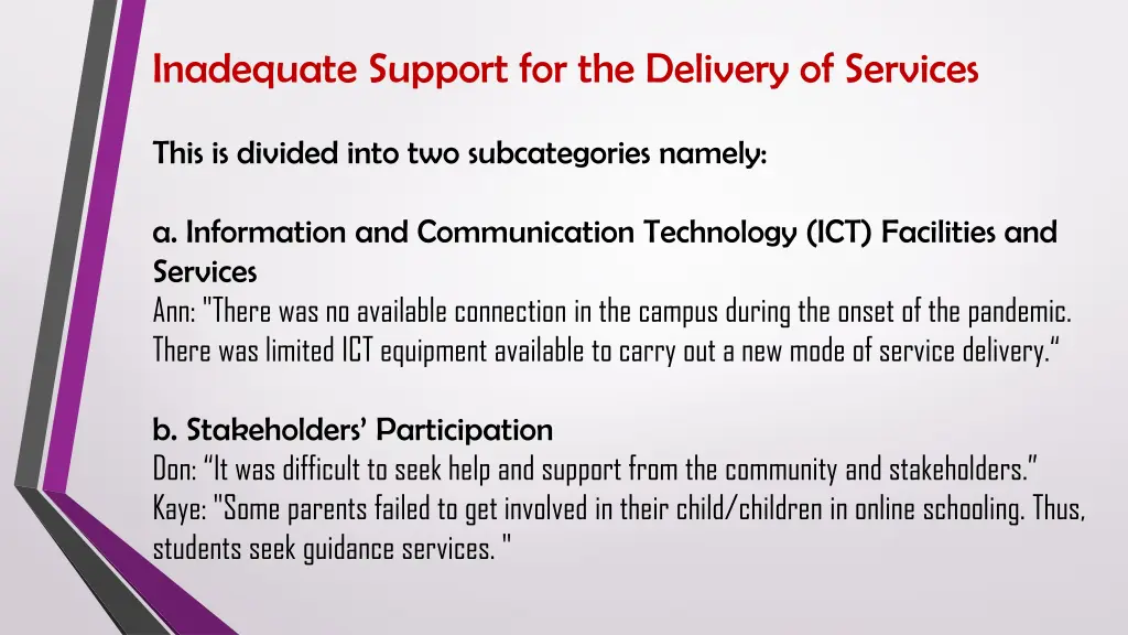 inadequate support for the delivery of services
