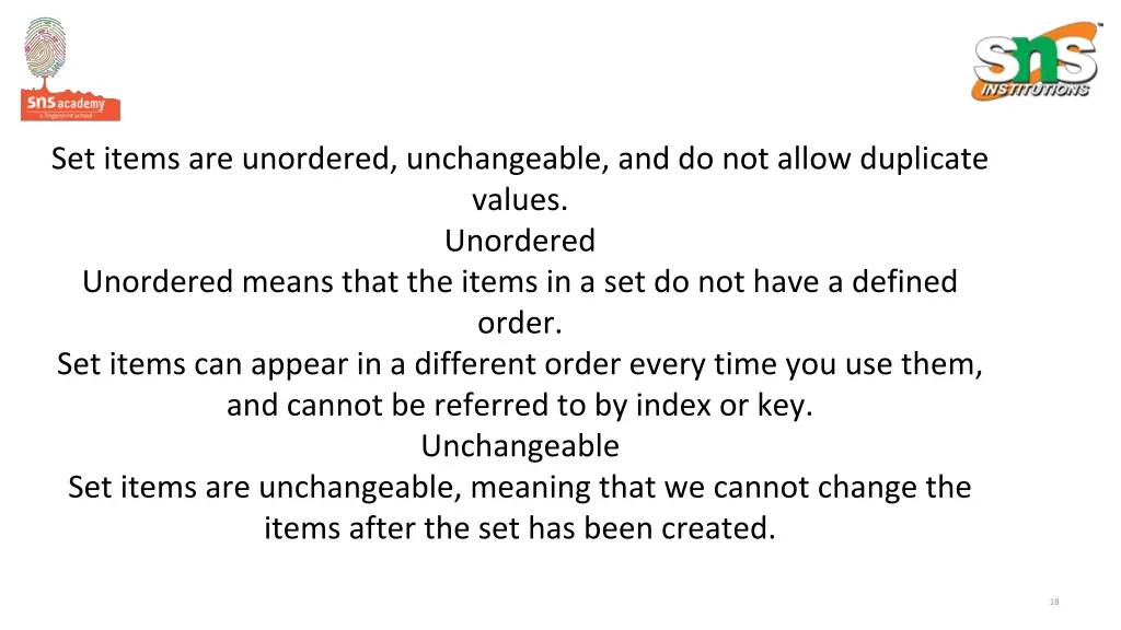 set items are unordered unchangeable