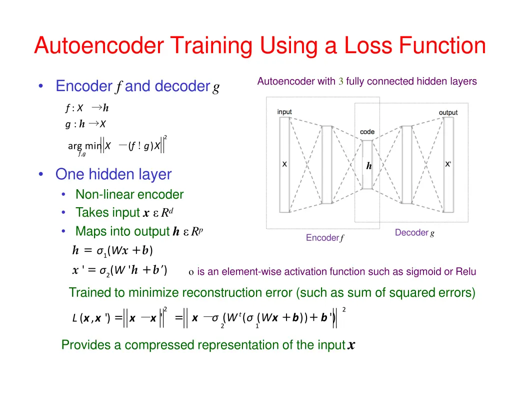 autoencoder training using a loss function