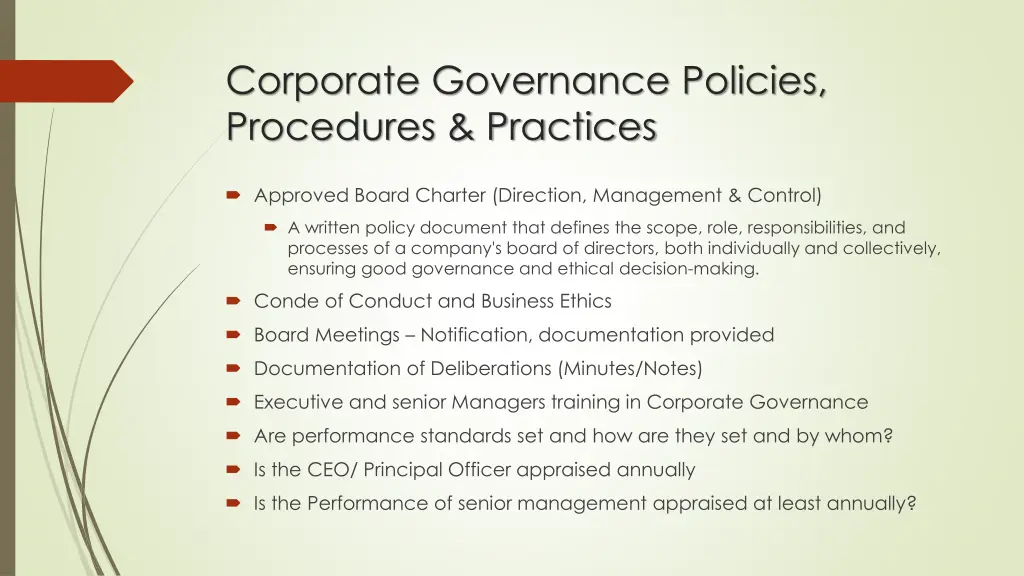 corporate governance policies procedures practices