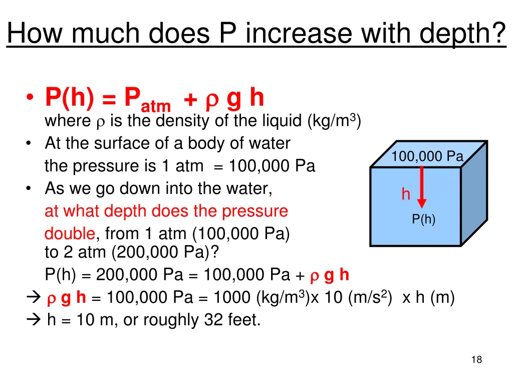 how much does p increase with depth