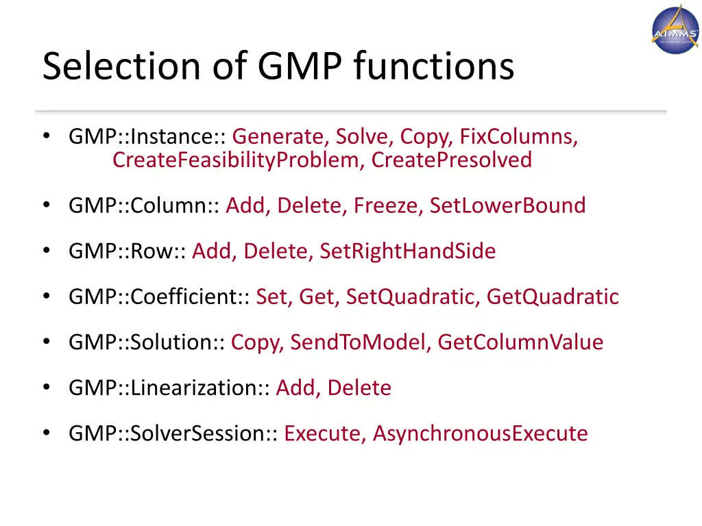 selection of gmp functions
