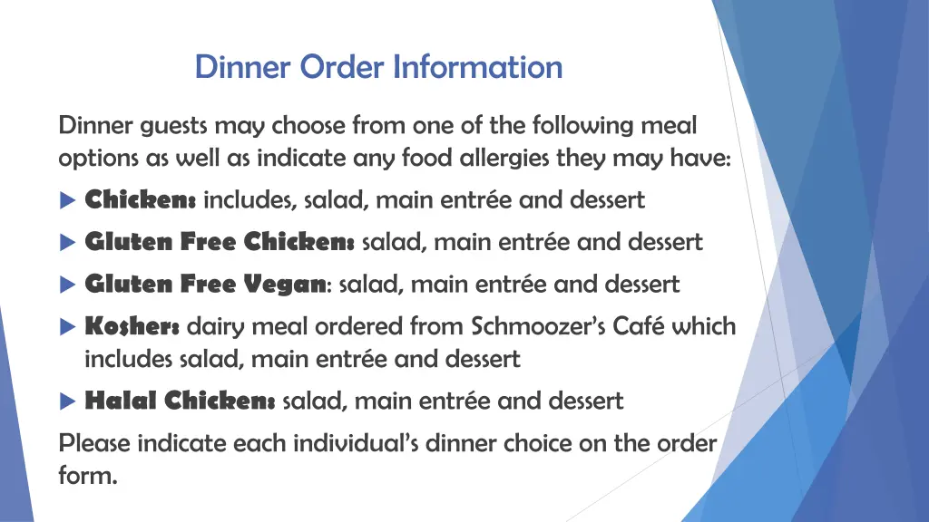 dinner order information