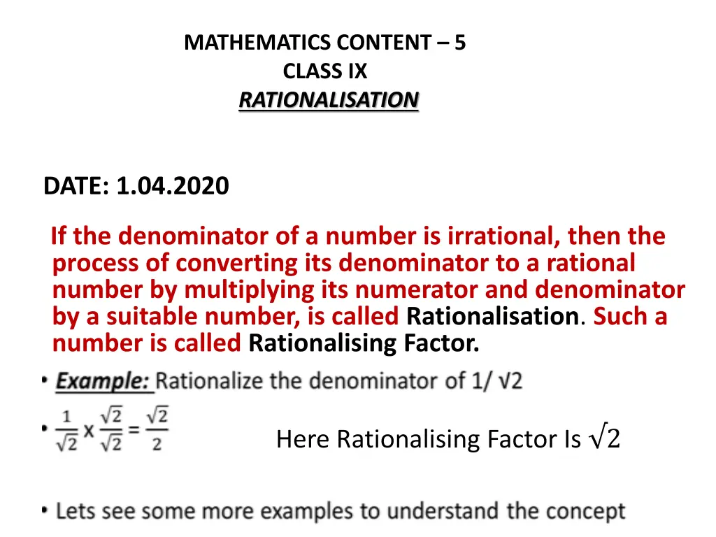 mathematics content 5 class ix rationalisation