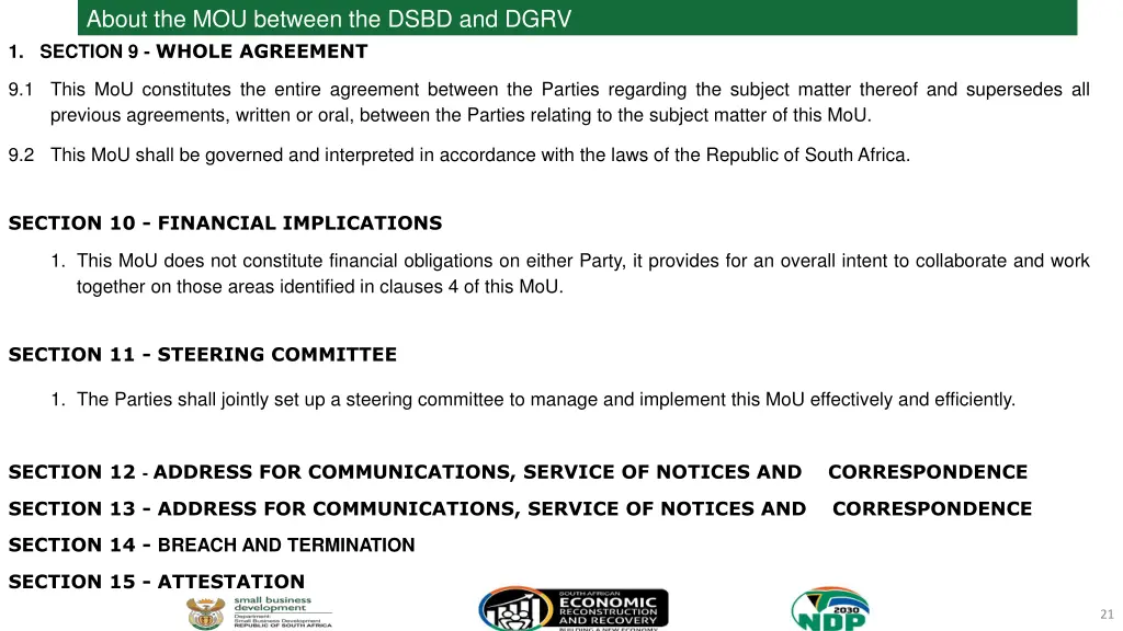 about the mou between the dsbd and dgrv 1 section