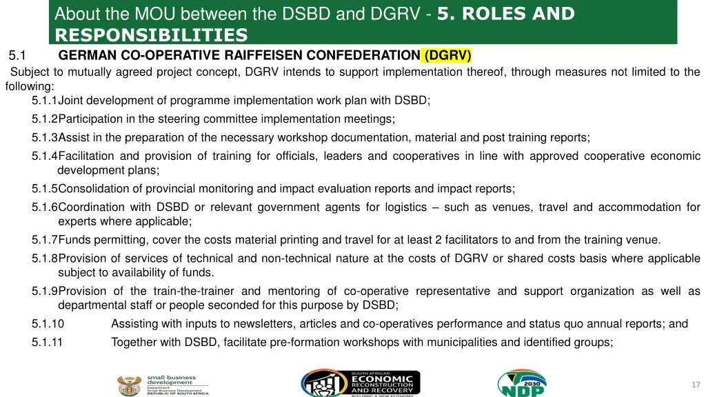 about the mou between the dsbd and dgrv 5 roles