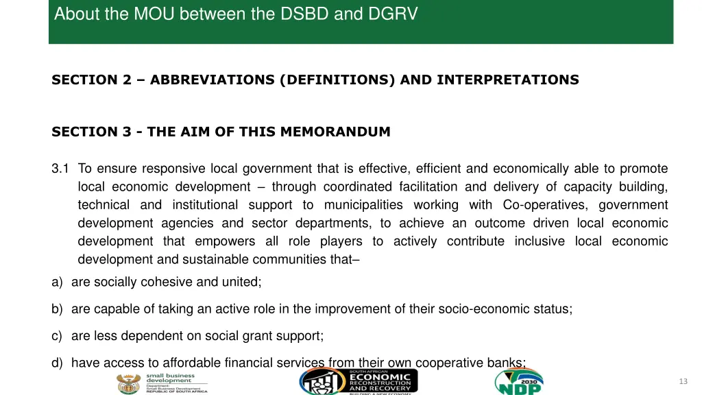 about the mou between the dsbd and dgrv