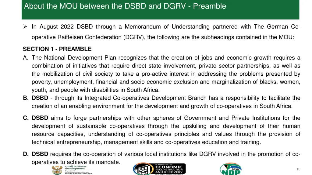 about the mou between the dsbd and dgrv preamble