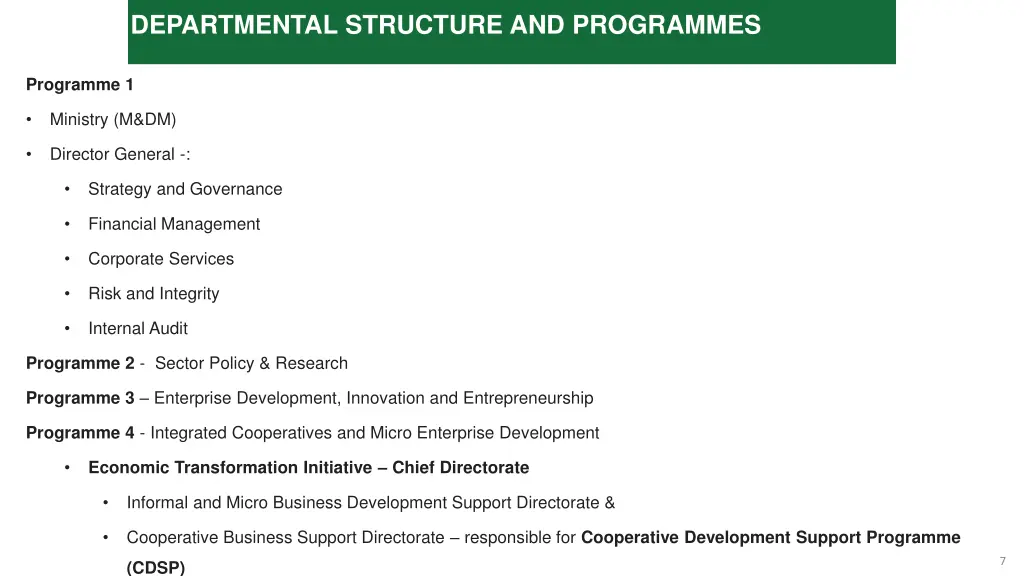 departmental structure and programmes