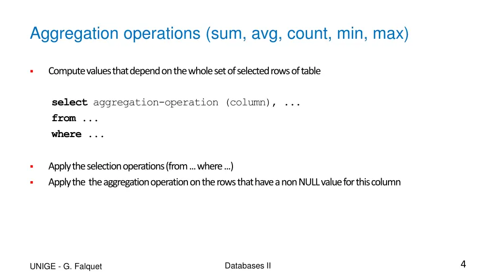 aggregation operations sum avg count min max