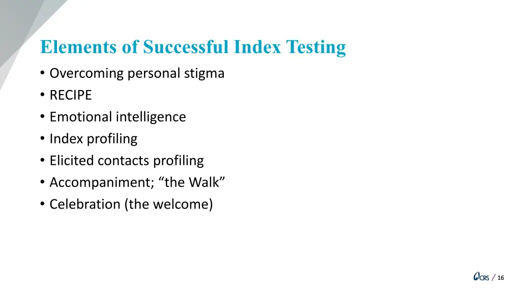elements of successful index testing