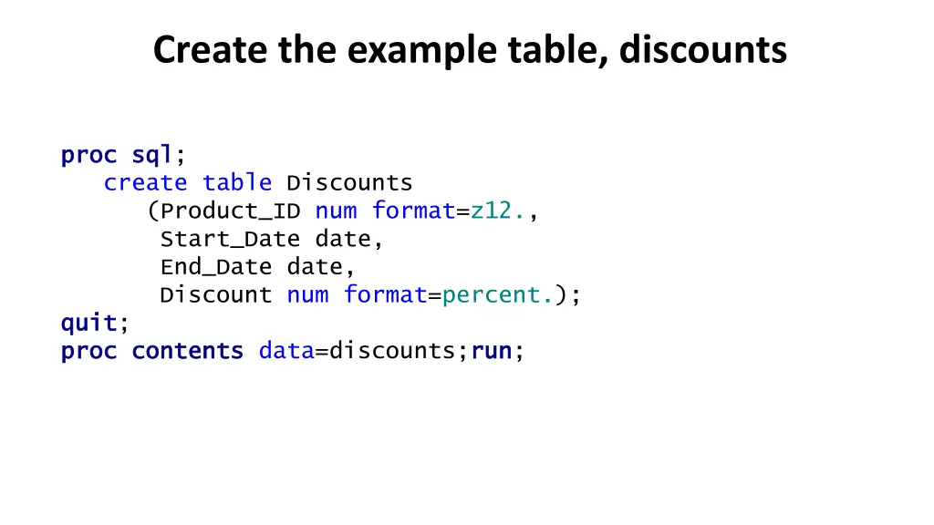 create the example table discounts