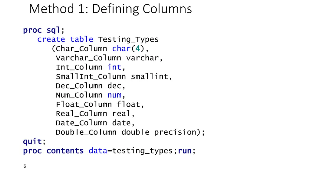 method 1 defining columns 1