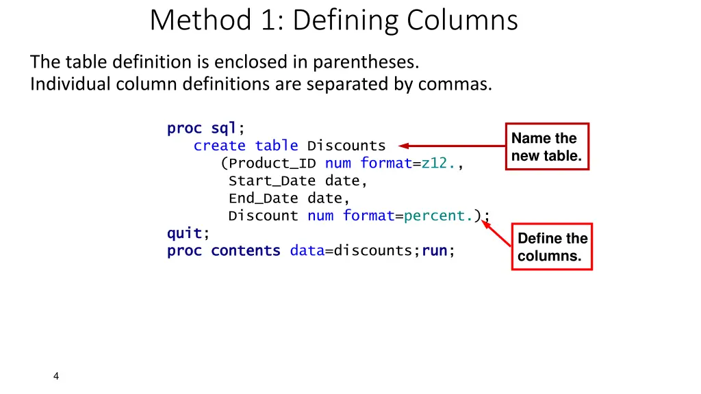 method 1 defining columns