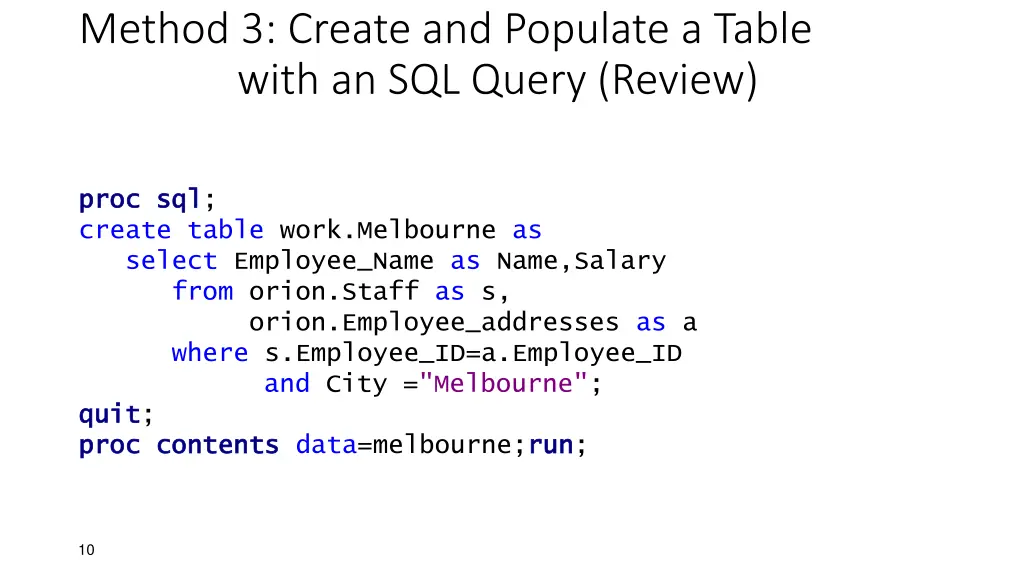 method 3 create and populate a table with