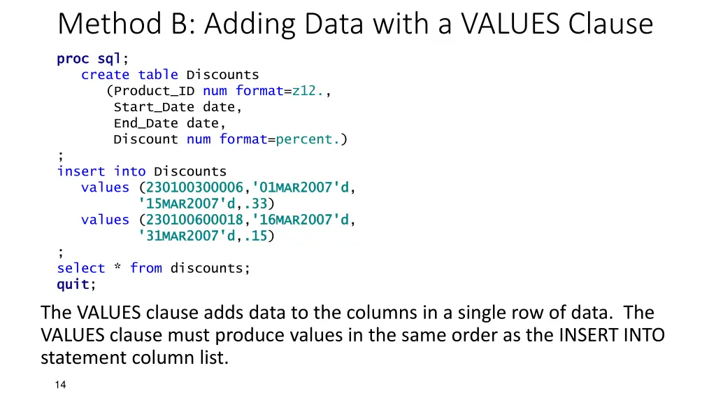 method b adding data with a values clause