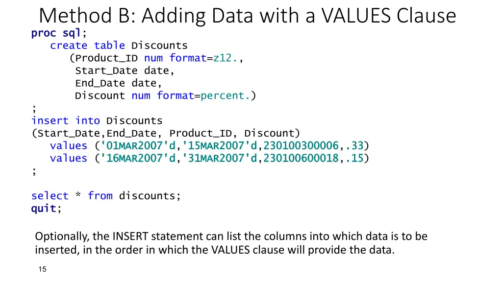 method b adding data with a values clause proc