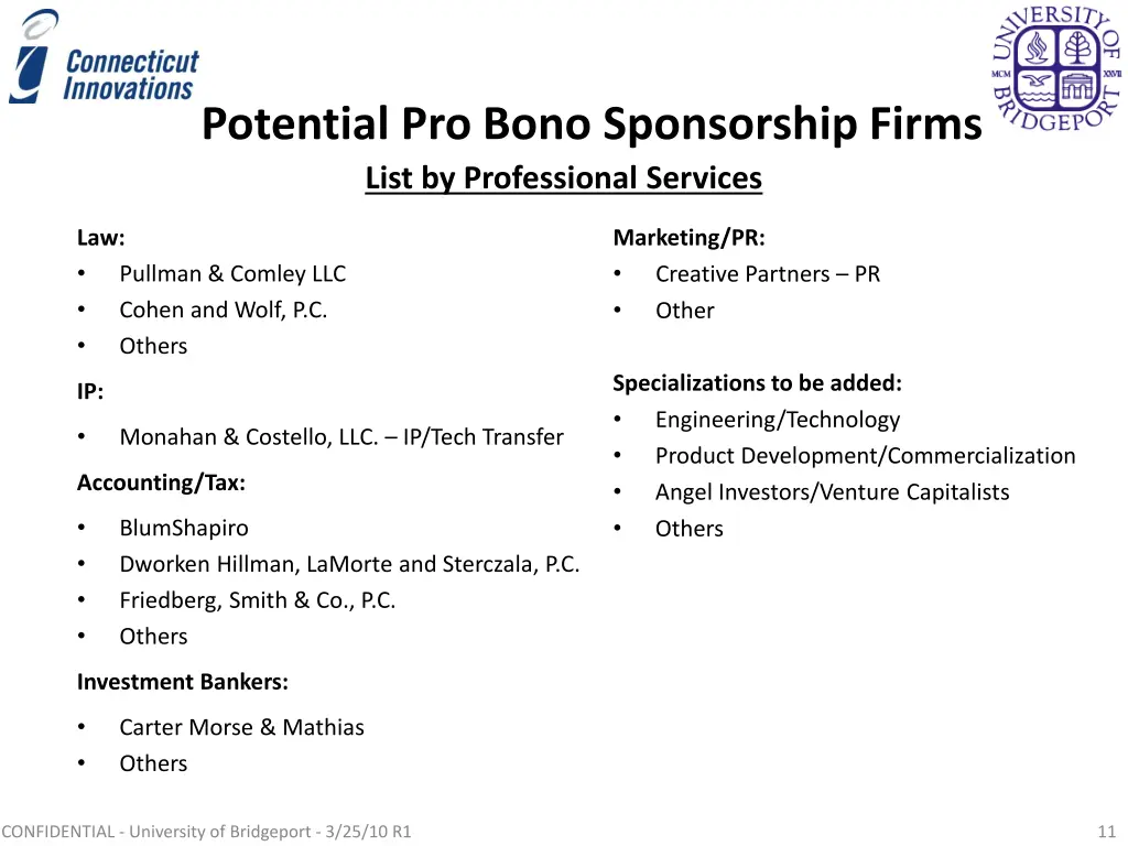 potential pro bono sponsorship firms list