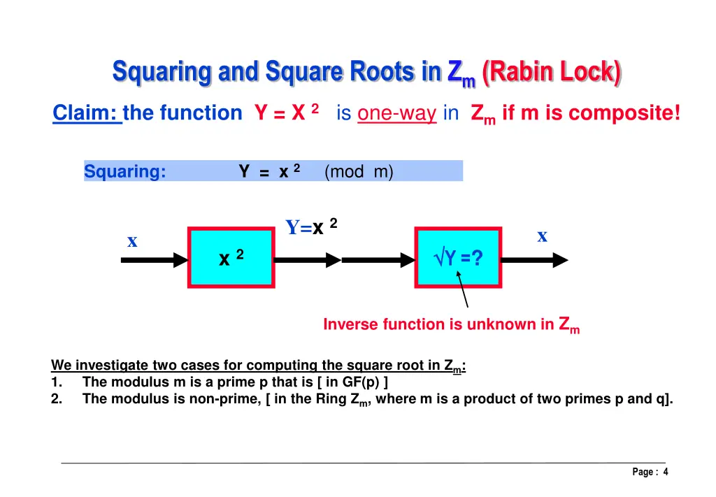 squaring and square roots in z m rabin lock claim