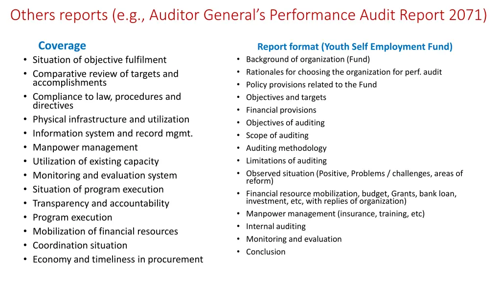 others reports e g auditor general s performance