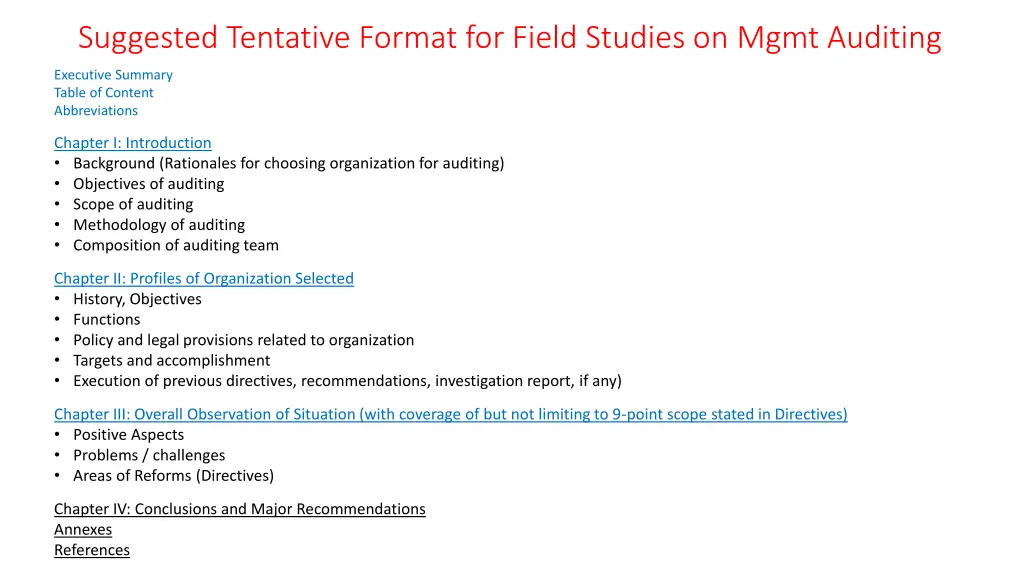 suggested tentative format for field studies