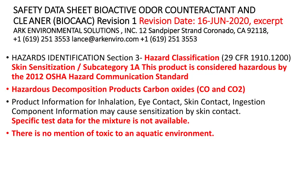 safety data sheet bioactive odor counteractant