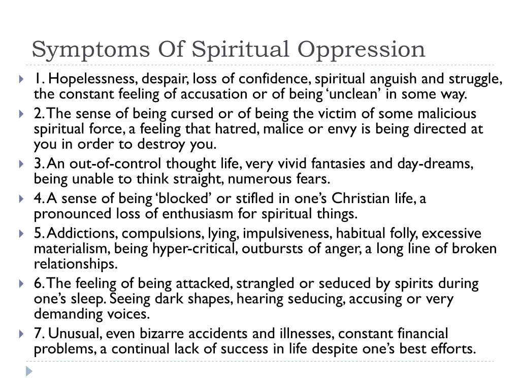 symptoms of spiritual oppression