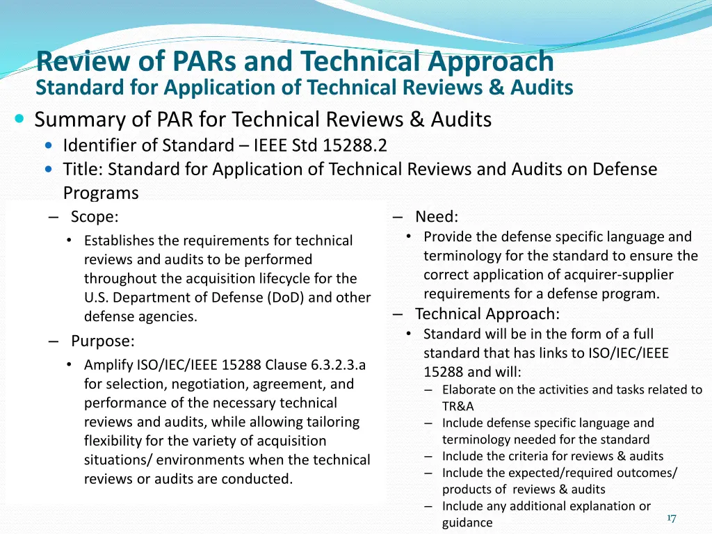 review of pars and technical approach standard 1