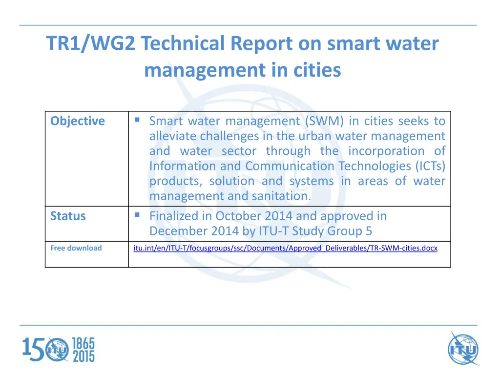 tr1 wg2 technical report on smart water