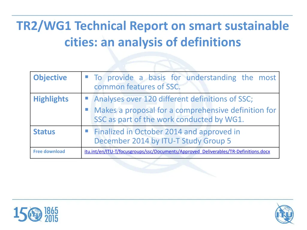 tr2 wg1 technical report on smart sustainable