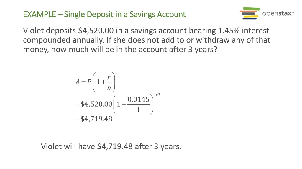 example example single deposit in a savings