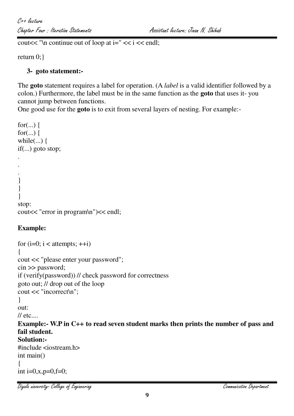 c lecture chapter four iteration statements cout