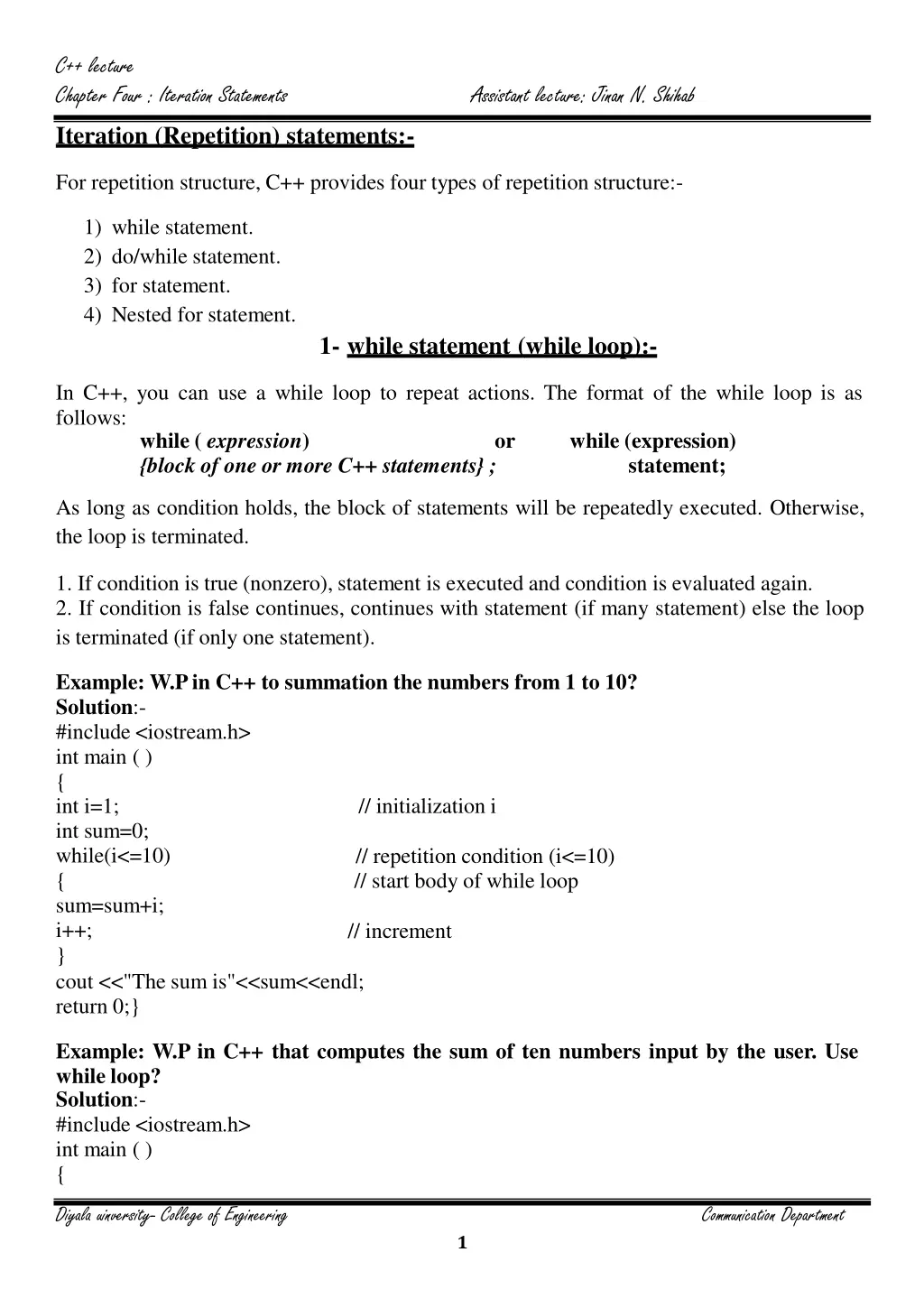 c lecture chapter four iteration statements