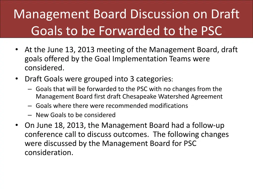management board discussion on draft goals