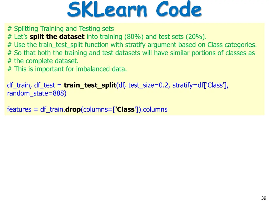 sklearn code splitting training and testing sets