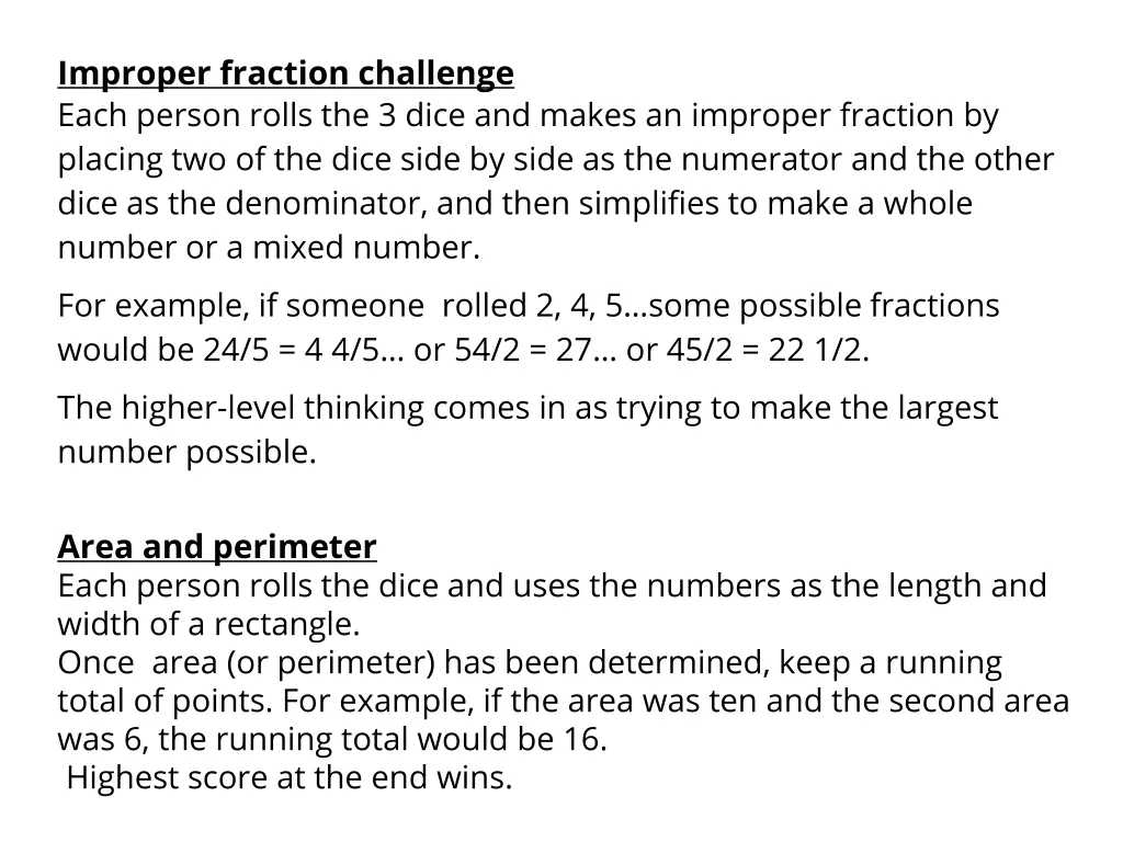 improper fraction challenge each person rolls